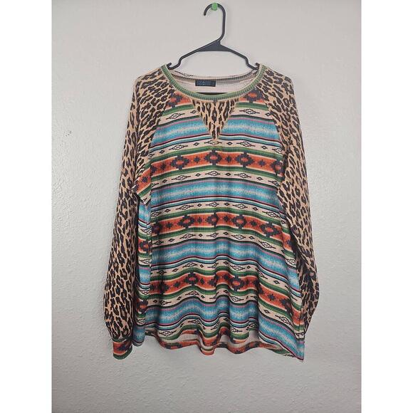 Fashion Express Serape Leopard Sleeve Thermal Top Sweatshirt 3XL - Picture 1 of 6